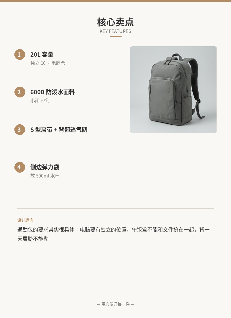 「城行」防泼水通勤双肩包 20L 细节图 2