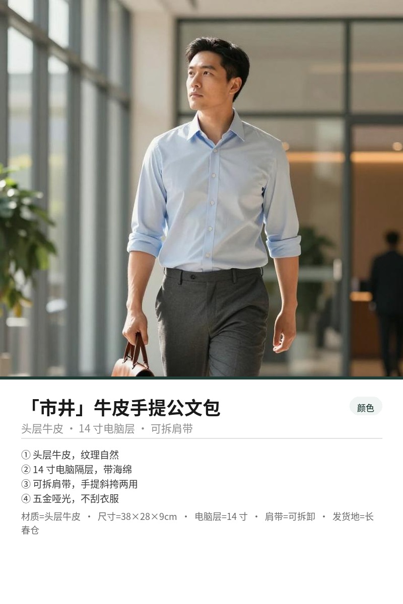「市井」牛皮手提公文包 细节图 3